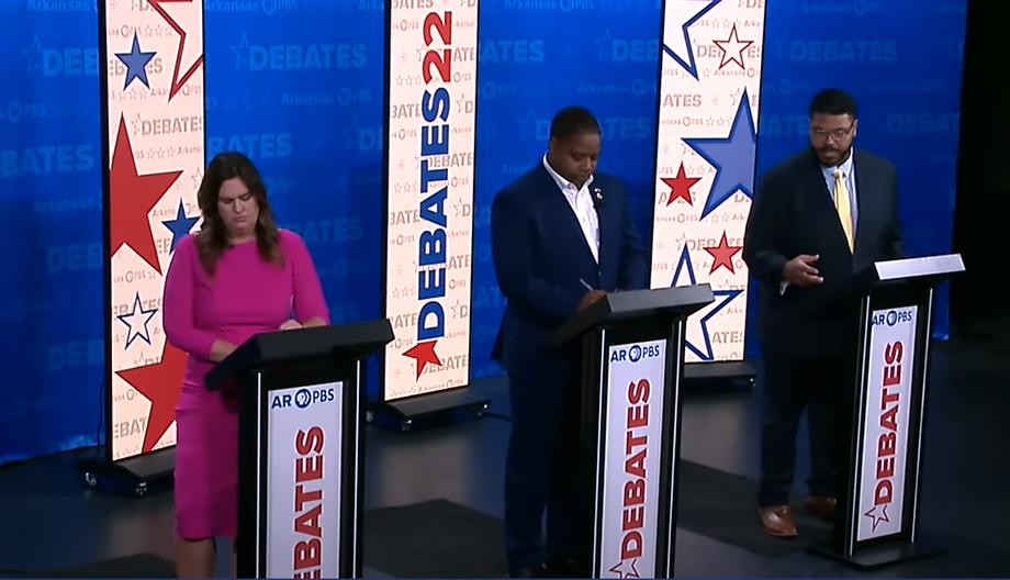 From left: Arkansas governor candidates Sarah Sanders, Chris Jones and Ricky Dale Harrington participate in a debate hosted by Arkansas PBS on Oct. 21, 2022.