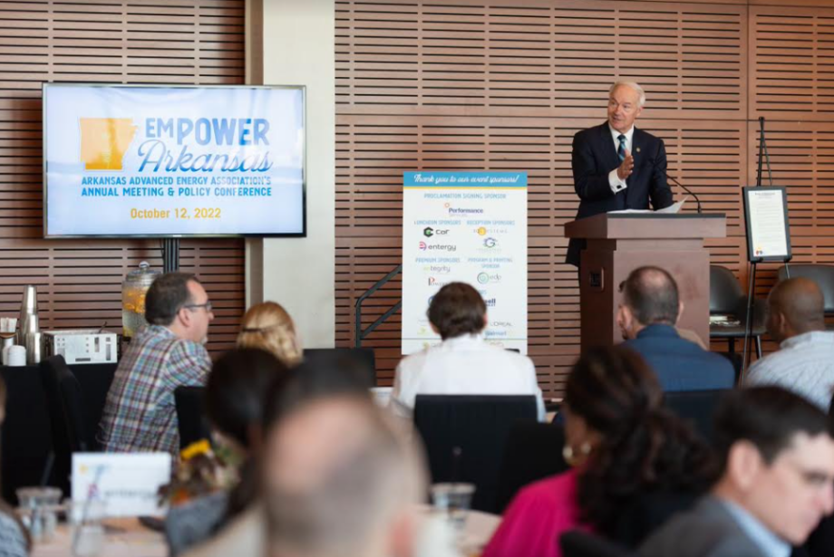 Gov. Asa Hutchinson speaks to the Arkansas Advanced Energy Association on Oct. 12, 2022