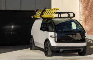 A Canoo electric vehicle upfitted for use by customers of van rental group Kingbee