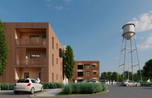 A rendering of the southwest corner of First Street Flats.