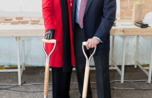 John Ed and Isabel Anthony take part in the November 2021 groundbreaking ceremony for the Anthony Timberlands Center for Design and Materials Innovation. The couple have made a new gift to support the future naming of a fabrication space in the center in honor of Dean Peter MacKeith.