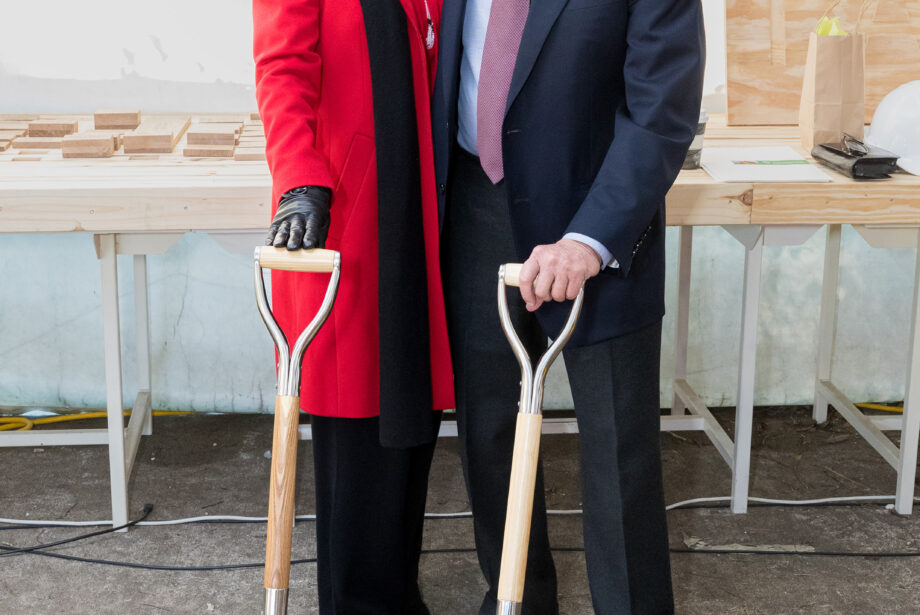 John Ed and Isabel Anthony take part in the November 2021 groundbreaking ceremony for the Anthony Timberlands Center for Design and Materials Innovation. The couple have made a new gift to support the future naming of a fabrication space in the center in honor of Dean Peter MacKeith.