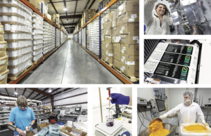 Clockwise from top left: Rows of raw materials await processing and blending at LifePlus in Batesville. Valerie Fortenberry works on labeling equipment at LifePlus, whose multiple foreign markets require just-in-time labeling capacity. Shelby Anderson weighs a combination of vitamin B2 and riboflavin. On-site laboratories perform precise chemical tests, such as determining the amount of iodine in a solution. And the device on Denise Butler’s right arm helps streamline picking and packing a customer’s order for shipment.