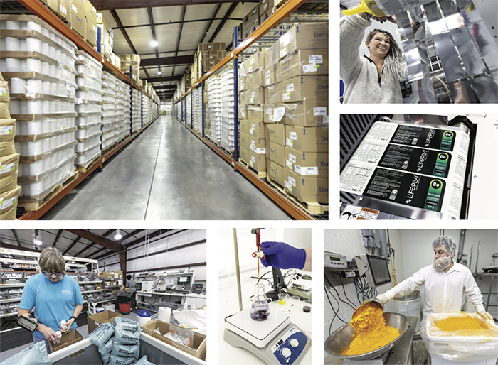 Clockwise from top left: Rows of raw materials await processing and blending at LifePlus in Batesville. Valerie Fortenberry works on labeling equipment at LifePlus, whose multiple foreign markets require just-in-time labeling capacity. Shelby Anderson weighs a combination of vitamin B2 and riboflavin. On-site laboratories perform precise chemical tests, such as determining the amount of iodine in a solution. And the device on Denise Butler’s right arm helps streamline picking and packing a customer’s order for shipment.