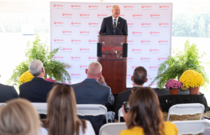 Gov. Asa Hutchinson speaks at the groundbreaking ceremony of a $600 million Veolia North America project in Gum Springs, Arkansas on Oct. 12, 2022.