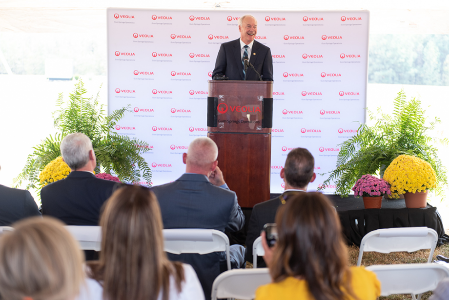 Gov. Asa Hutchinson speaks at the groundbreaking ceremony of a $600 million Veolia North America project in Gum Springs, Arkansas on Oct. 12, 2022.