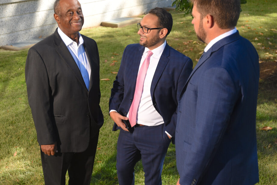 In this file photo, Dr. Carl Johnson of 2600 Holdings of Little Rock, left, speaks with Abtin Mehdizadegan, center, and Brett Taylor, right, attorneys with Cross Gunter Witherspoon & Galchus P.C.