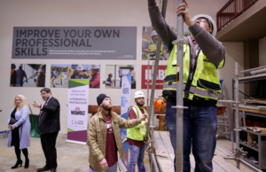 A scaffold is inspected at the Nabholz Construction High Bay Lab at the University of Arkansas at Little Rock.