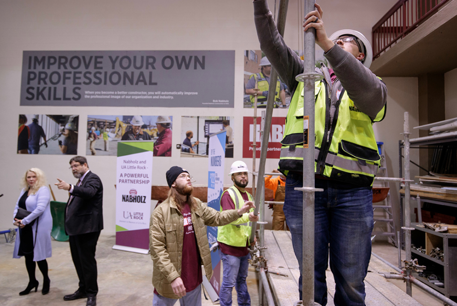 A scaffold is inspected at the Nabholz Construction High Bay Lab at the University of Arkansas at Little Rock.