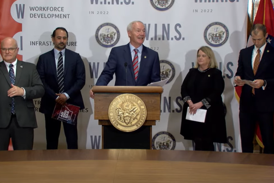 Arkansas Gov. Asa Hutchinson speaks at the Arkansas State Capitol about the release of the Governor's Council on Future Mobility report on Dec. 8, 2022