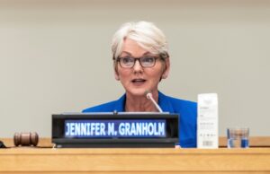 U.S. Energy Secretary Jennifer Granholm&nbsp;speaks at United Nations headquarters in August 2022