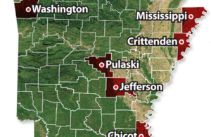 A map showing the Arkansas counties that voted in favor legalizing recreational marijuana in the 2022 midterm elections.