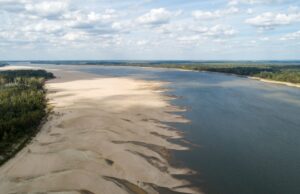 Low water exposes a sand bar along the Mississippi River near Grand Gulf, Mississippi in October 2022