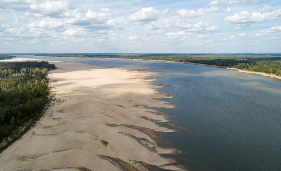 Low water exposes a sand bar along the Mississippi River near Grand Gulf, Mississippi in October 2022