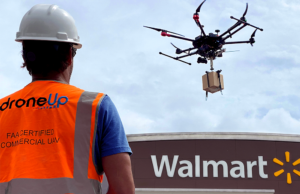 A DroneUp delivery drone above a Walmart location
