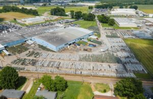 A 2020 drone image of ERMCO Inc.’s sprawling campus in Dyersburg, Tennessee. The cooperatives-owned company has been making transformers since 1972.