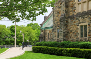 A church with a sloped walkway for improved accessibility