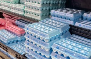 Egg cartons on the shelf at a Walmart location in Houston, Texas