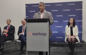 Apptegy founder and CEO Jeston George announce's the company's expansion during a news conference in Little Rock on Jan. 6, 2023