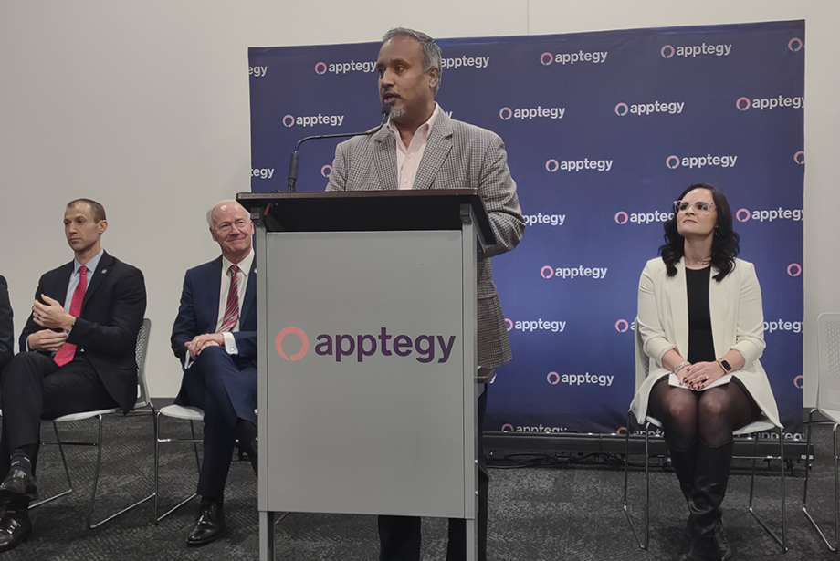Apptegy founder and CEO Jeston George announce's the company's expansion during a news conference in Little Rock on Jan. 6, 2023