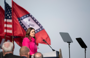 Governor Sarah Huckabee Sanders delivers her inaugural address on the steps of the Arkansas State Capitol on January 10, 2023