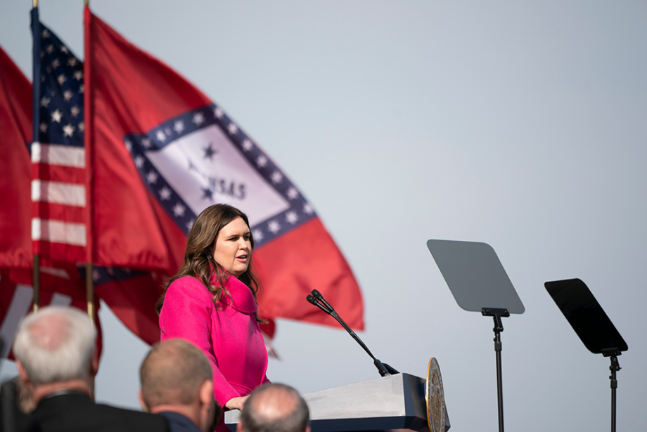 Governor Sarah Huckabee Sanders delivers her inaugural address on the steps of the Arkansas State Capitol on January 10, 2023