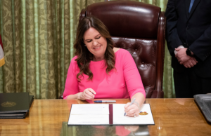 Arkansas Gov. Sarah Huckabee Sanders signs seven executive orders on Jan. 10, 2023