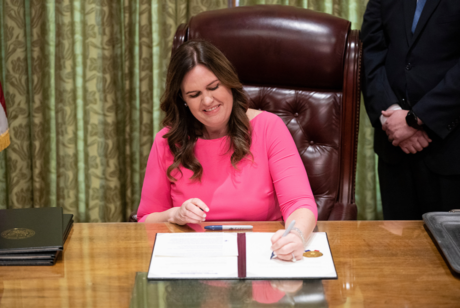 Arkansas Gov. Sarah Huckabee Sanders signs seven executive orders on Jan. 10, 2023