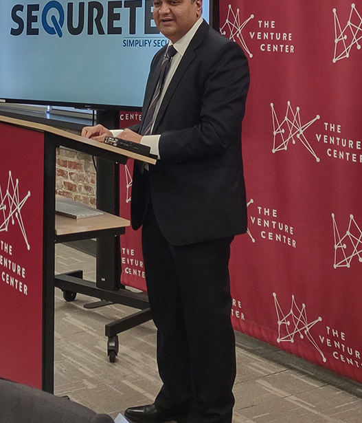 Anand Saik, CEO of Sequretek, speaks at the Little Rock Technology Park on Feb. 3, 2023