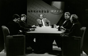 Longtime "Arkansas&nbsp;Week" host Steve Barnes, center, in a photo from 1988. His guests were, left to right, original host Tom Grimes, reporter Joan Duffy, editor Max Brantley and Pine Bluff Commercial and&nbsp;Arkansas&nbsp;Democrat-Gazette editorial writer Paul Greenberg.