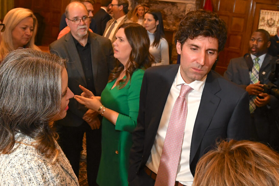 Bryan Sanders, husband of Gov. Sarah Huckabee Sanders,&nbsp;speaks with the crowd on Jan. 24 at the state Capitol, the day the governor announced that he would chair the&nbsp;Natural State Advisory Council.