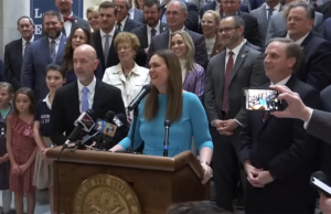 Arkansas Gov. Sarah Huckabee Sanders announces details of her education package on Feb. 8, 2023 at the State Capitol.