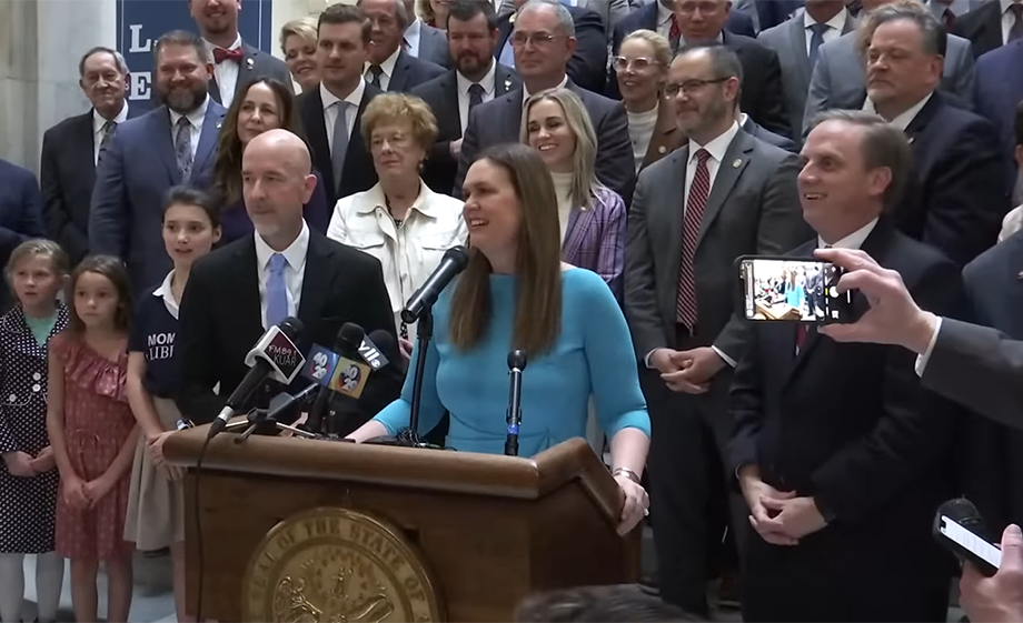 Arkansas Gov. Sarah Huckabee Sanders announces details of her education package on Feb. 8, 2023 at the State Capitol.