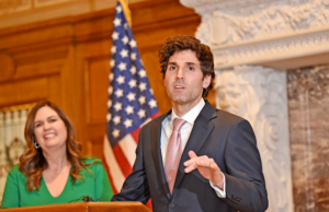 Bryan Sanders, husband of Governor Sarah Huckabee Sanders, speaks after the governor announced the establishment of the Natural State Initiative on Tuesday Jan. 24, 2023, at the Arkansas State Capitol.