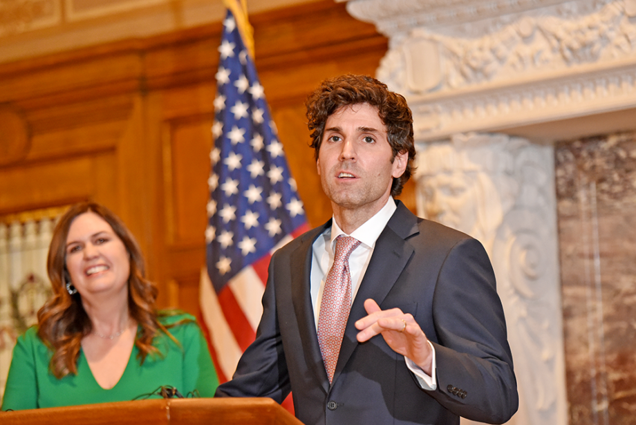 Bryan Sanders, husband of Governor Sarah Huckabee Sanders, speaks after the governor announced the establishment of the Natural State Initiative on Tuesday Jan. 24, 2023, at the Arkansas State Capitol.