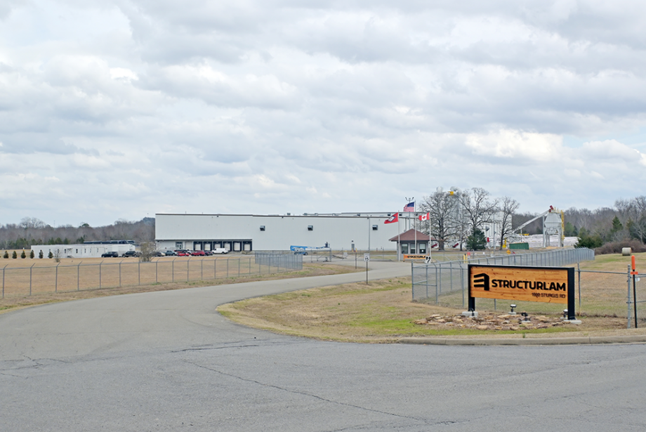 The entrance to Structurlam Mass Timber Corp.'s facility in Conway. Operations at the plant were suspended in January after the company lost a production contract with Walmart.