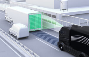 A 3D rendering showing truck platooning, the&nbsp;linking of two or more trucks in convoy using connectivity technology and automated driving support systems. The vehicles automatically maintain a set, close distance between each other when they are connected.