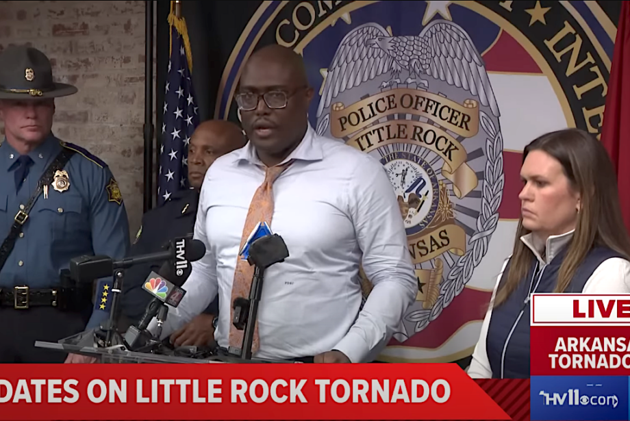 Little Rock&nbsp;Mayor Frank Scott Jr. and Gov. Sarah Huckabee Sanders at a press briefing carried live on THV 11 News on March 31.