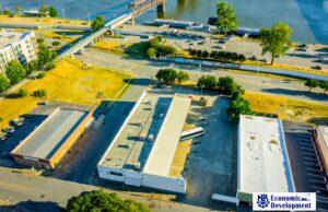 An aerial view of the Greyhound bus station site in North Little Rock