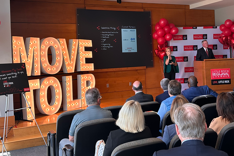 Jay Chesshir, president and CEO of the Little Rock Regional Chamber, announces the "Little Rock Love Connection" workforce recruiting campaign on May 1, 2023
