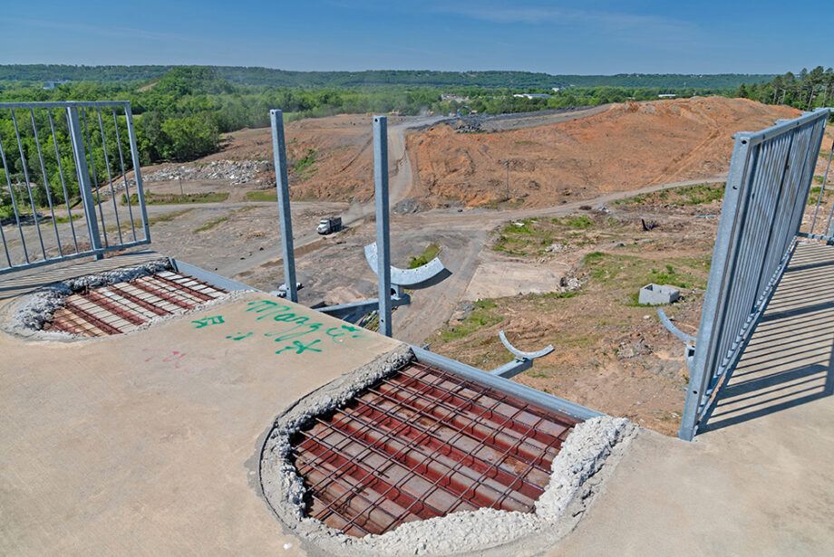 Southern vista of the extensive dirt work for a nearly 69-acre mixed-use development in North Little Rock from atop the Wild River Country water slide tower.