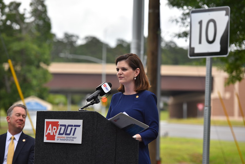 Arkansas Highway Commission member Marie Holder speaks a ceremony marking the completion of an $81 million project to widen Cantrell Road in Little Rock