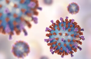 A 3D illustration of respiratory syncytial virus, or RSV.