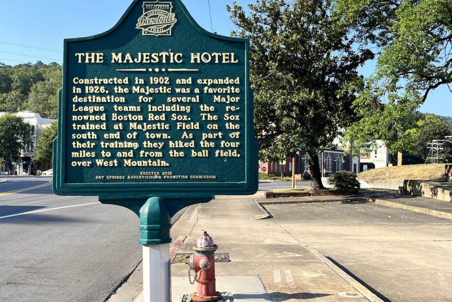 A historic marker at the site of the Majestic Hotel, which was destroyed by fire in 2014.