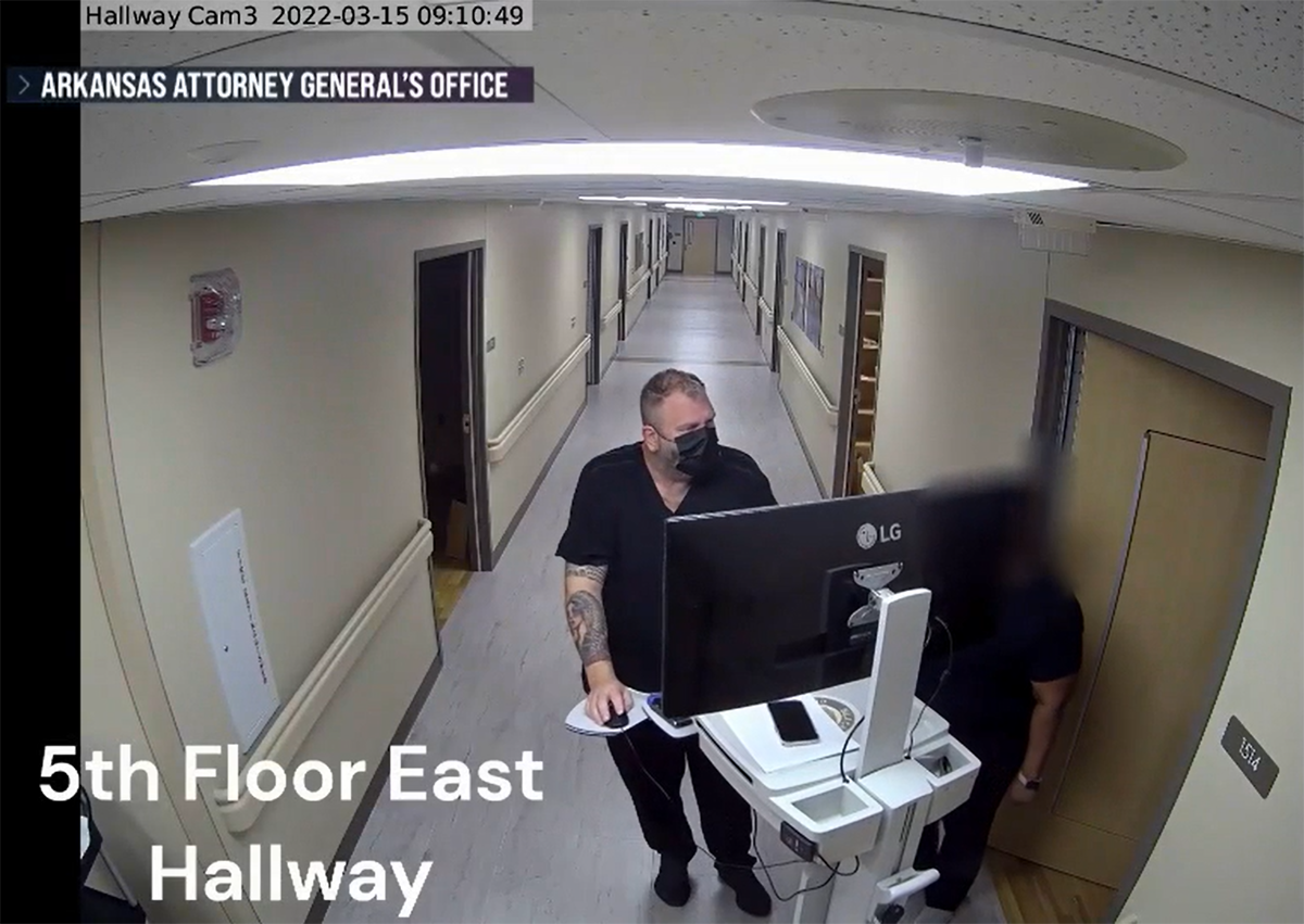 A fraud investigator swore that a review of hours of videotape from Northwest Medical Center-Springdale’s Inpatient Behavioral Health Unit showed Dr. Brian Hyatt performing rounds in the hallway, but never entering a patient’s room.