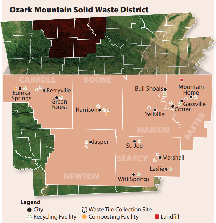 The Northwest Arkansas Regional Solid Waste Management District decided to buy Nabors Landfill in Baxter County in 2005. The district, later named Ozark Mountain Solid Waste District, at the time comprised Baxter, Boone, Carroll, Marion, Newton and Searcy counties and was governed by a 14-member board made up of county judges and mayors. Carroll County left the district in 2019.