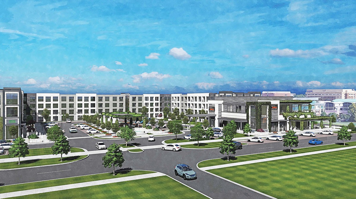 A rendering of the Plaza at Pinnacle Hills, which includes more than 300 luxury apartments, retail space, an events space and a Ruth’s Chris Steak House. Developers expect the project to be complete in 2025.