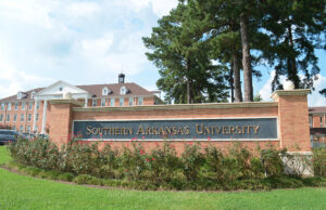 The campus sign for Southern Arkansas University in Magnolia