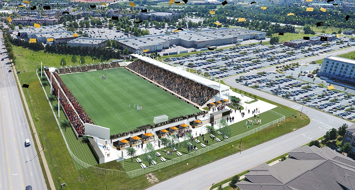 A rendering of a planned 5,000-seat stadium in the Pinnacle Hills area of Rogers. The multi-use stadium would be home to men’s and women’s teams.