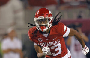 Arkansas wide receiver Dazmin James (83) in action during a football game against Tennessee in 2024. [AP Photo/Mike Buscher]